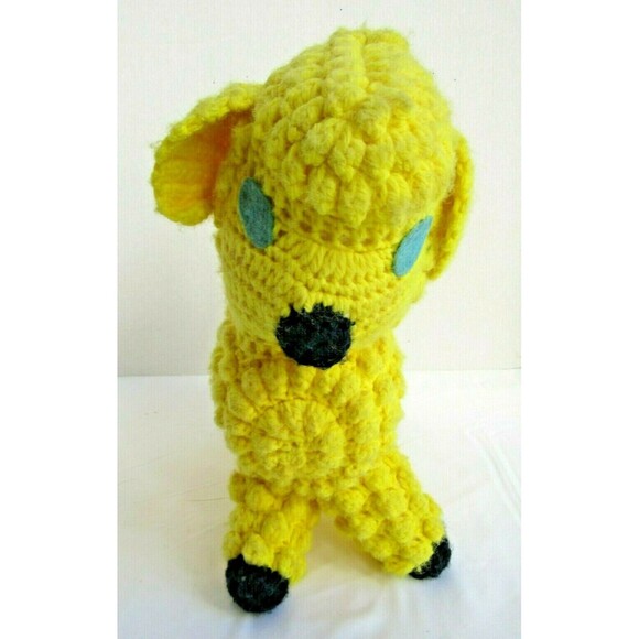 Baby Lamb Vintage Handmade Crochet Yellow Sheep Stuffed Animal Plush Toy - Picture 1 of 6